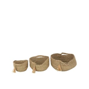 Mand Rond Met Handvat+ Kwast Gras Naturel Set van 3